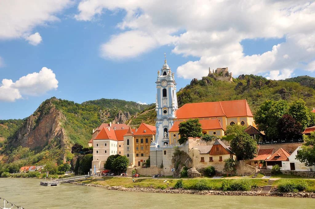 Dürnstein, Austria: Blue Abbey Tower, Castle Ruins and Old Town