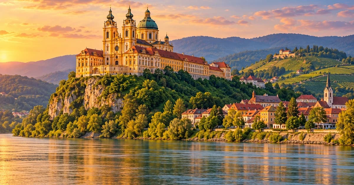 Illustration of a yellow baroque abbey on a bluff above the Danube at golden hour