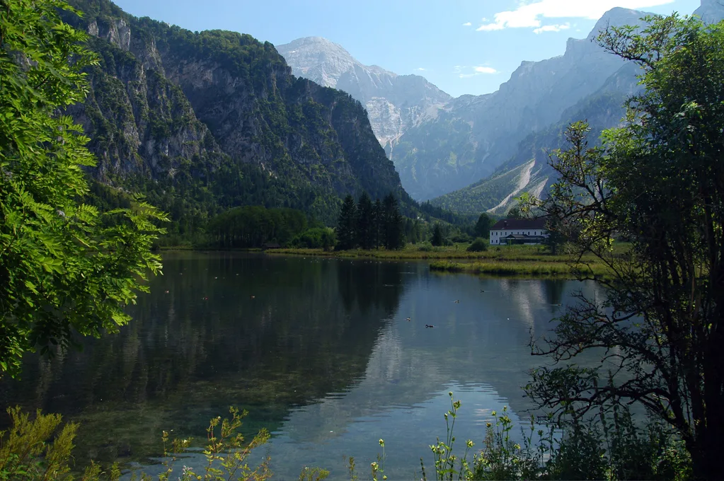 The southern shore of the Almsee reflecting the surrounding mountains.