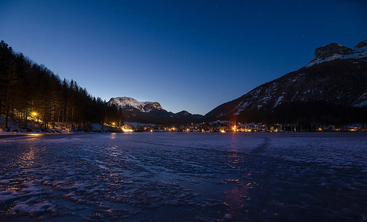The frozen Altausseer See on a winter evening.