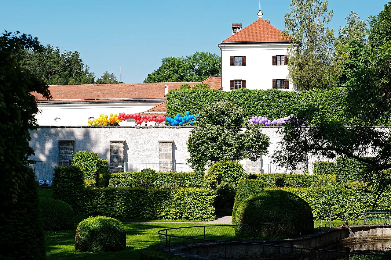Clipped hedges and flowerbeds in the gardens of Schloss Ambras in Innsbruck.