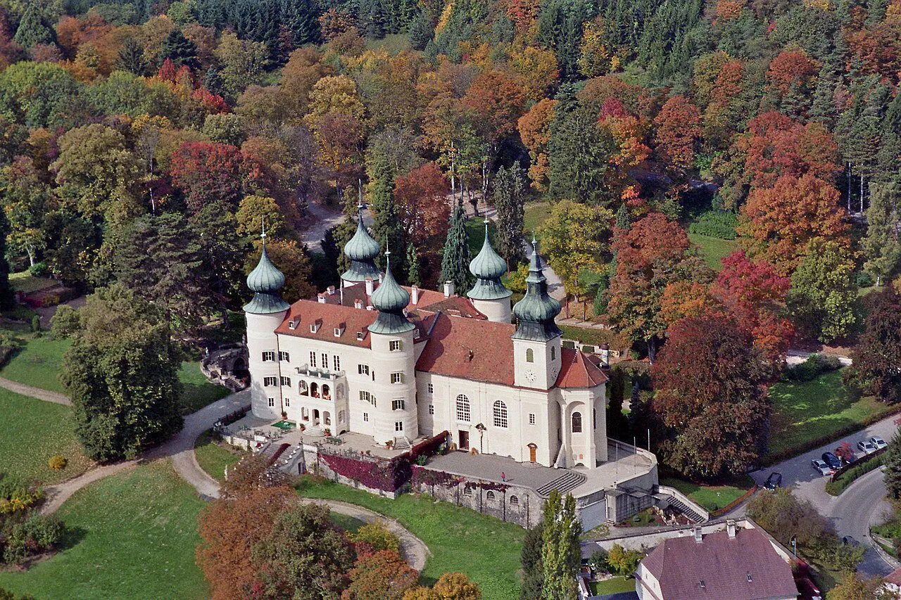 Aerial view of Artstetten Castle and its park in autumn.