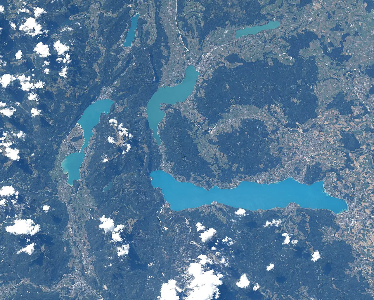 The Salzkammergut lakes, including the Wolfgangsee and Attersee, seen from the International Space Station.
