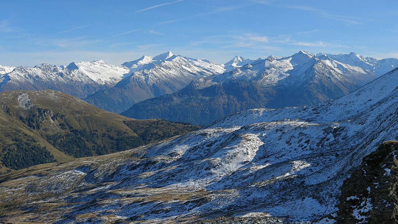 The Venediger group in the High Tauern seen from the Tristkopf in the Kitzbühel Alps.