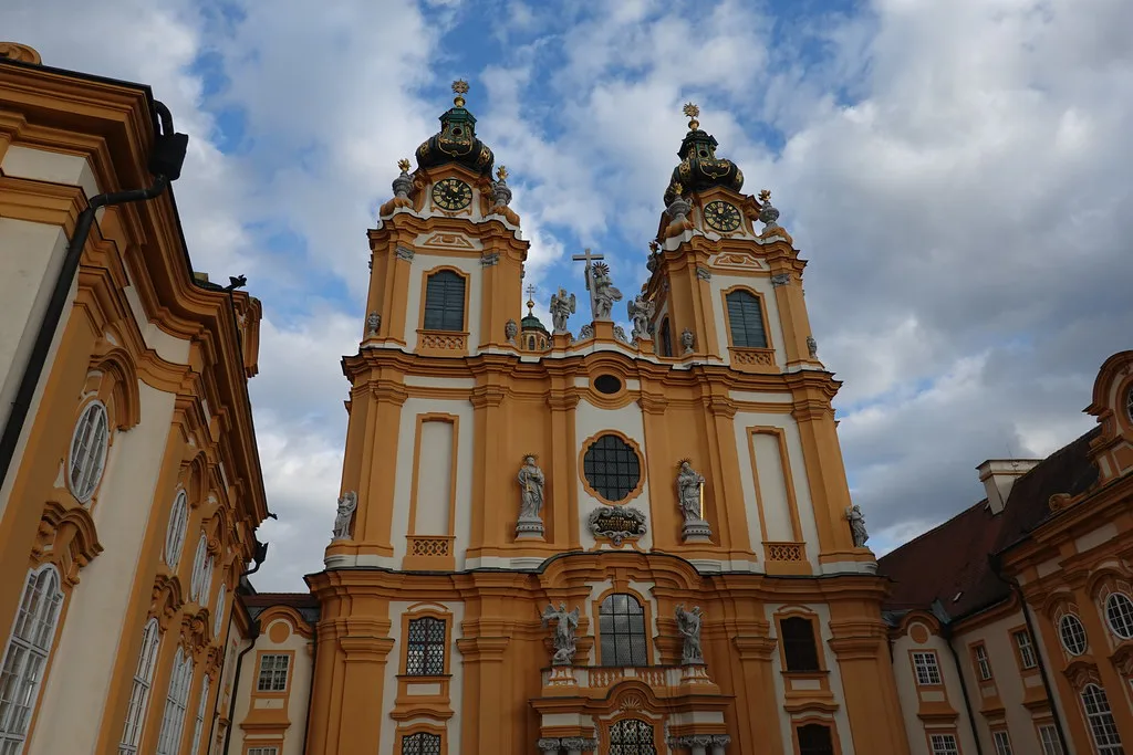 The baroque twin-towered facade of the church at Melk Abbey.