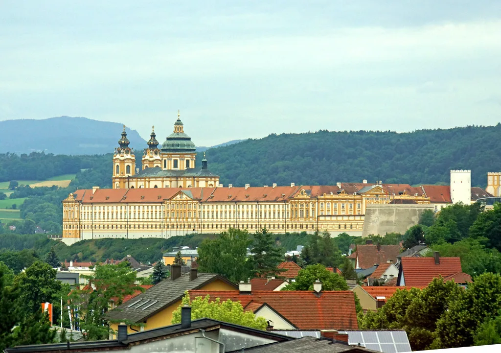 Melk Abbey stretching along its hilltop above the town of Melk.