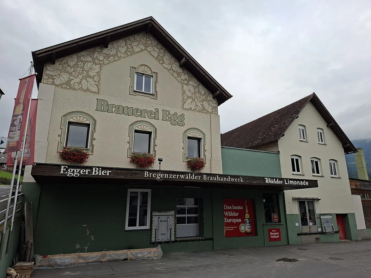 The painted façade of the Egg brewery, home of Egger Bier, in Egg, Vorarlberg.