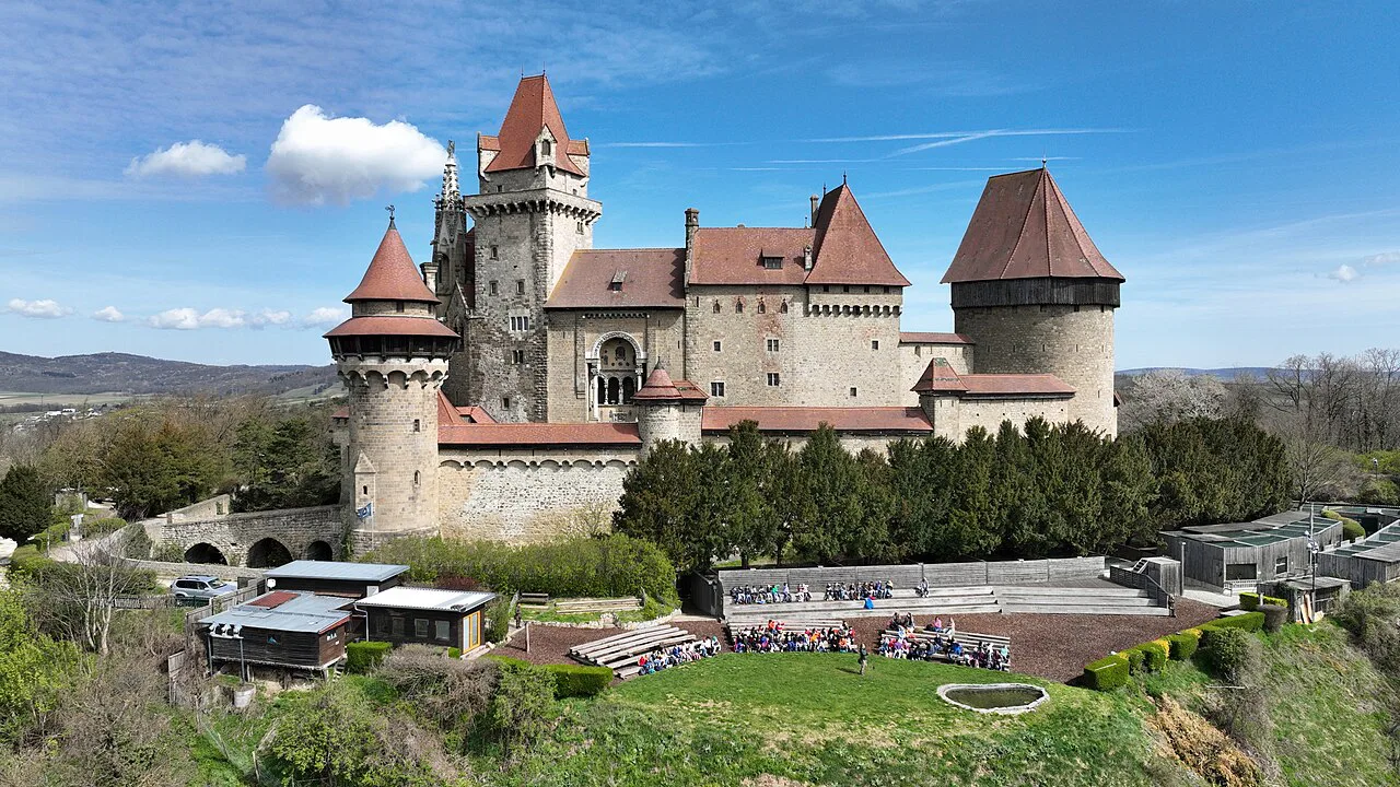 Kreuzenstein Castle on its wooded hill above the Lower Austrian countryside.