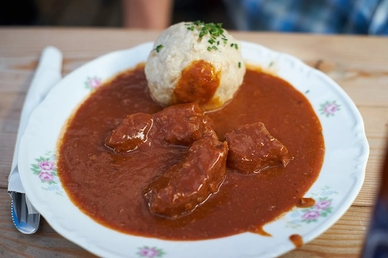 Goulash with a Semmelknödel bread dumpling, served at the Bärenschützklamm gorge in Styria.