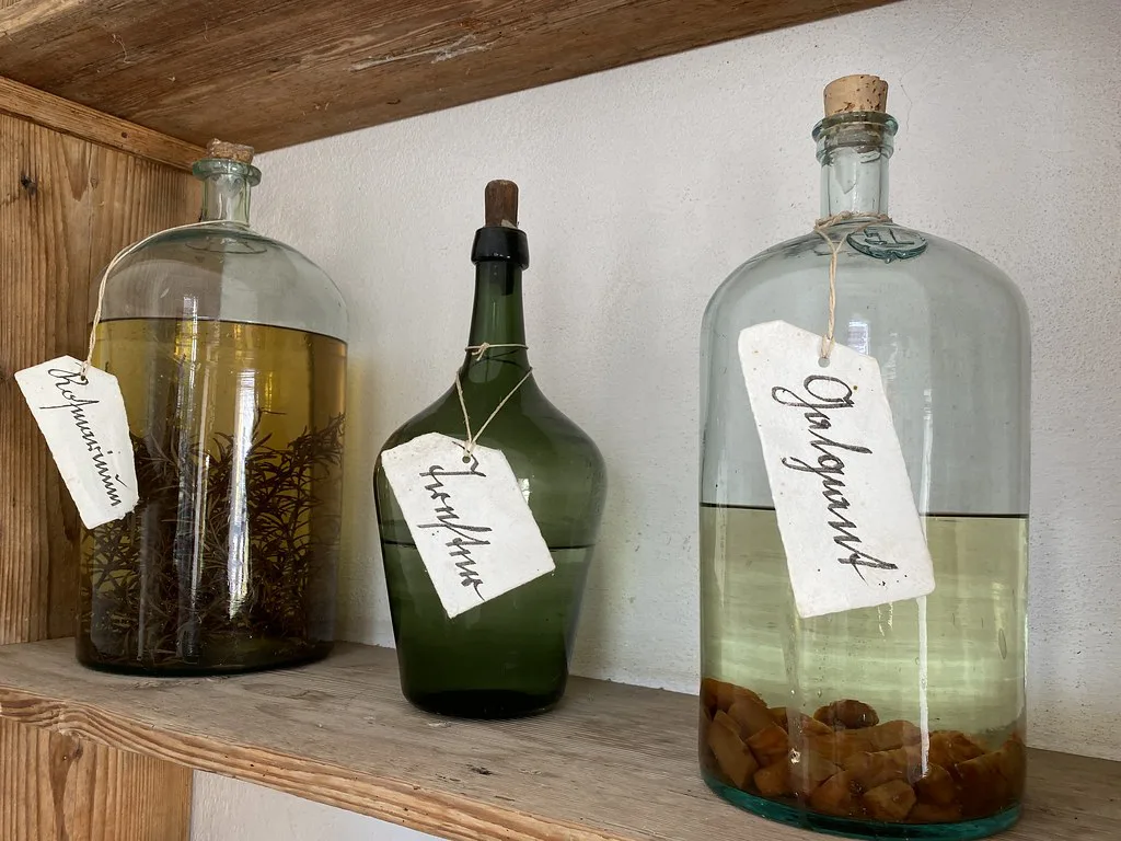 Fruit spirits and infusions in glass demijohns at the Schloss Hof distillery display, Lower Austria.