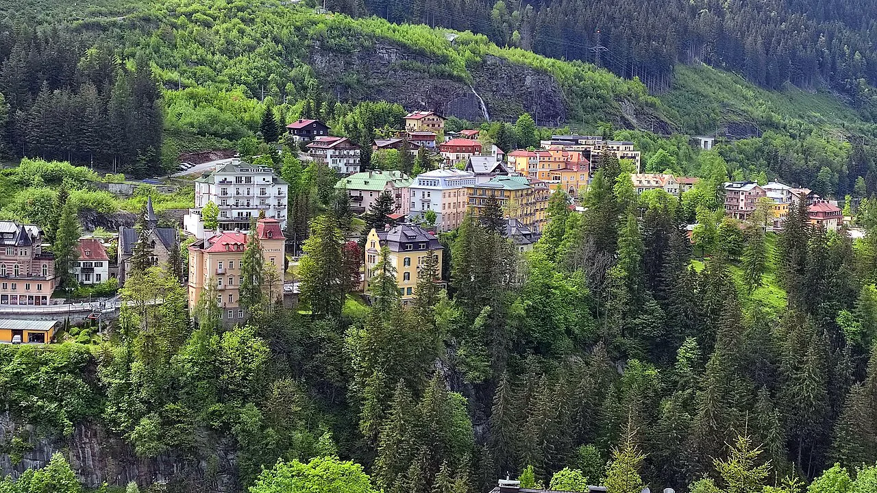 Houses and hotels of Bad Gastein among the wooded slopes.