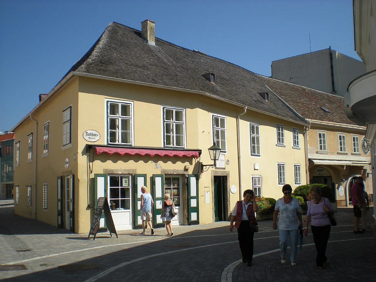 The yellow Beethoven house on a street corner in Baden bei Wien.