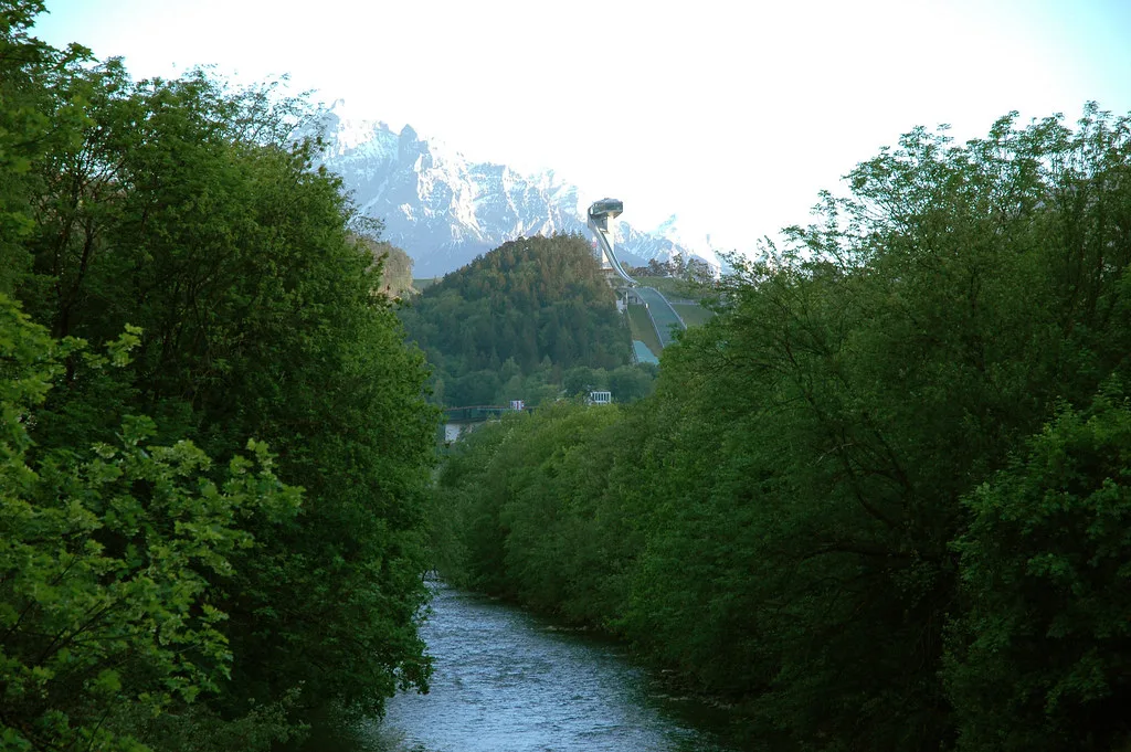 The Bergisel ski jump seen above the River Sill in Innsbruck.