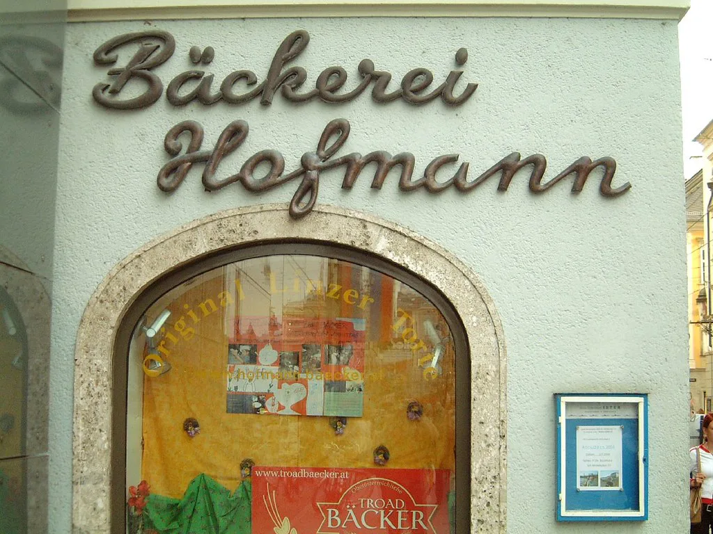 The shopfront sign of Bäckerei Hofmann, a bakery in Linz.