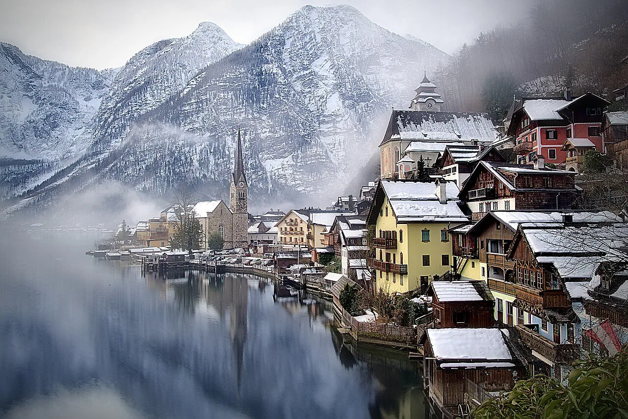 Snow on the rooftops and peaks of Hallstatt in winter.