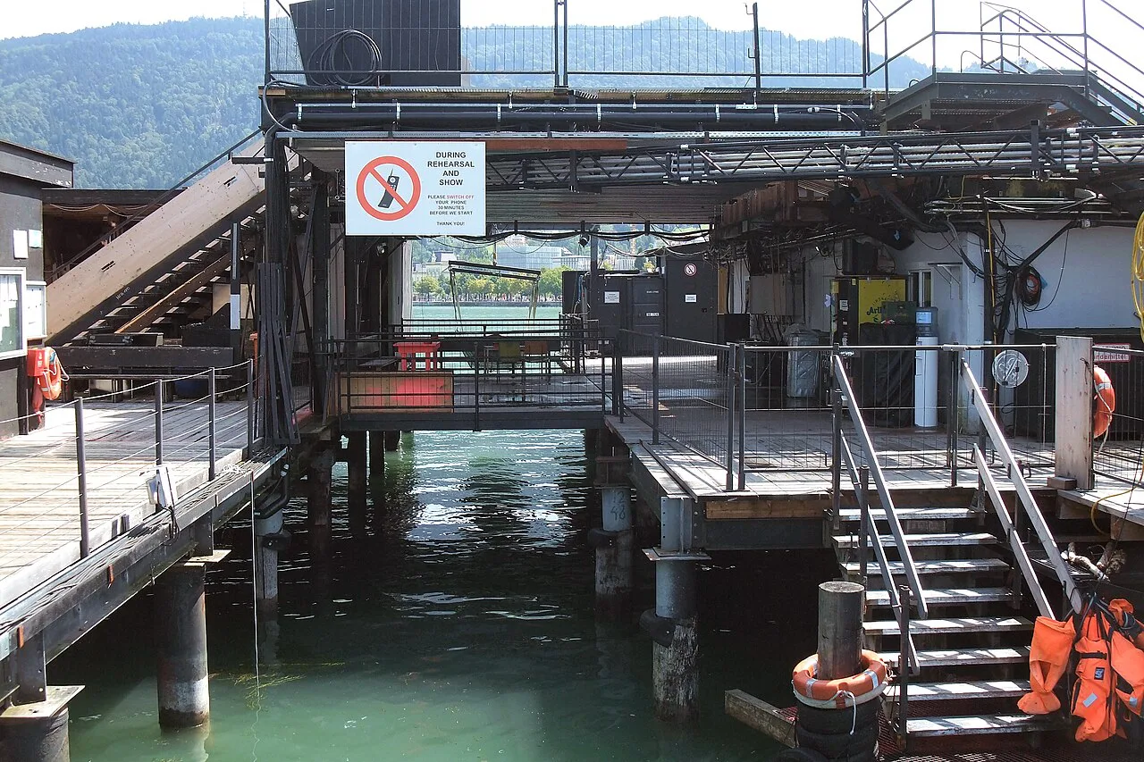 Steel structures behind the floating lake stage in Bregenz.