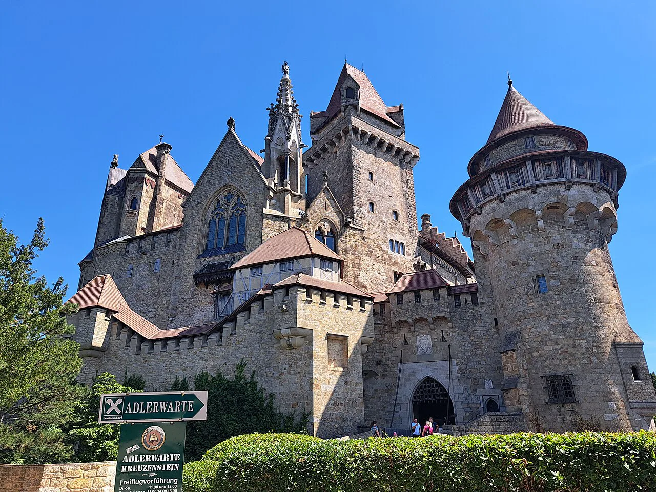Kreuzenstein Castle with its round tower and Gothic-style roofs.