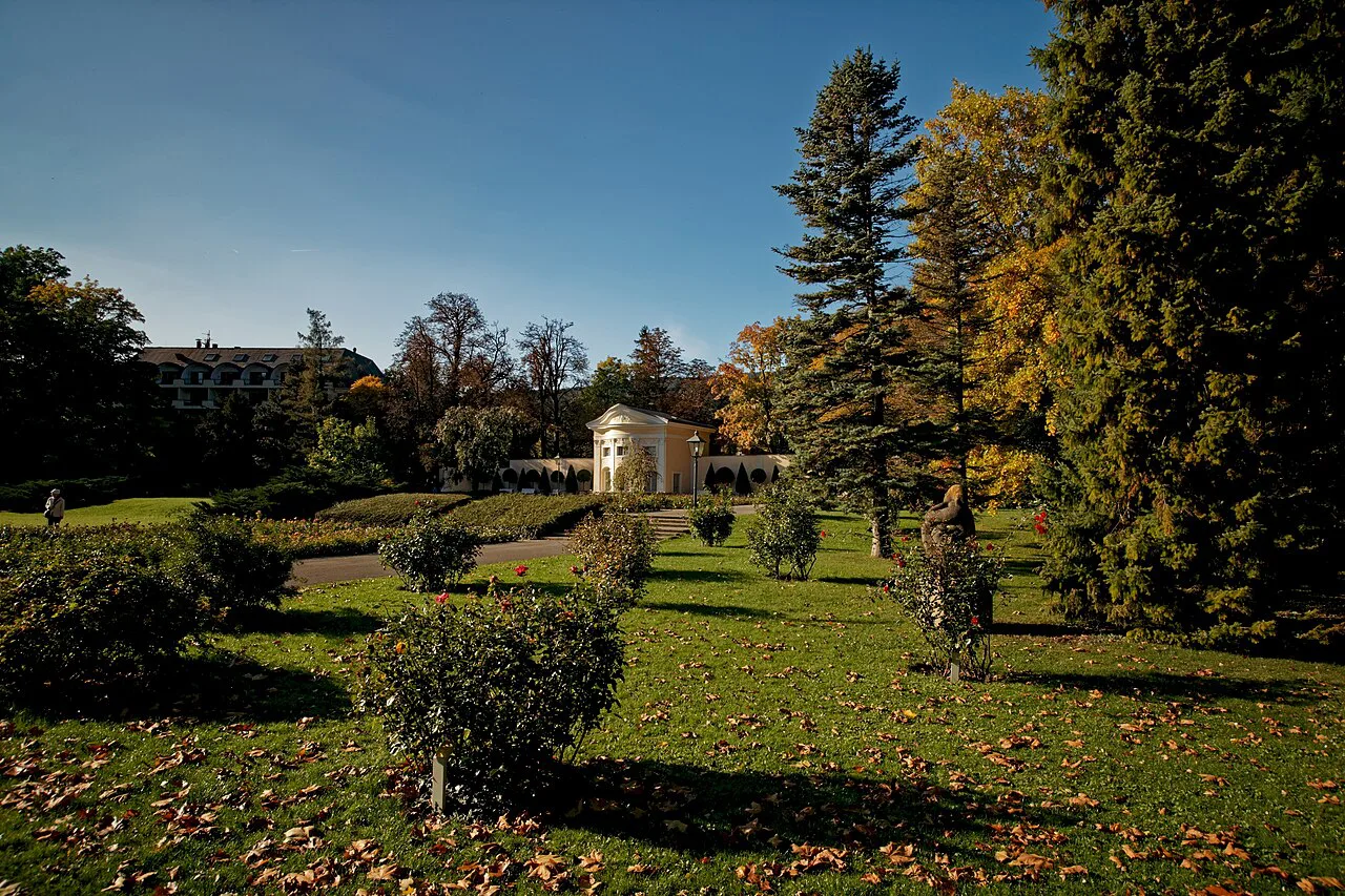 Lawns, conifers and a small pavilion in the Doblhoffpark in Baden bei Wien.