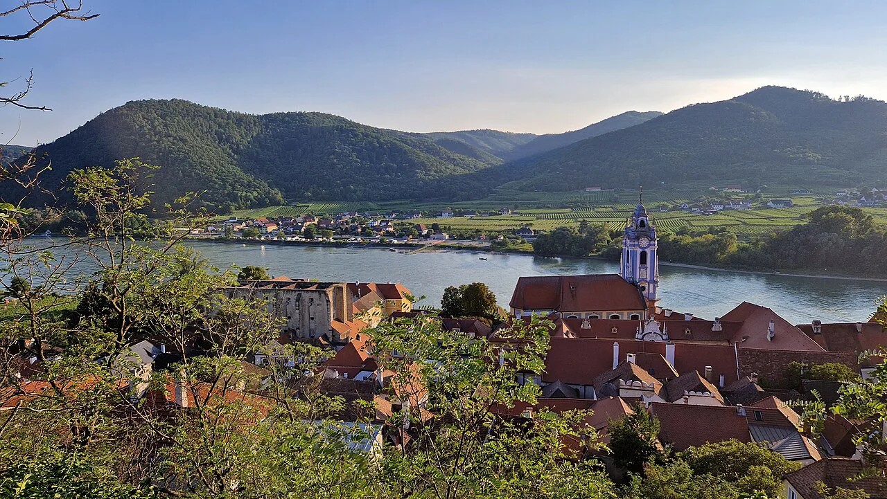 View from the Dürnstein castle ruins over the town and the Danube valley.