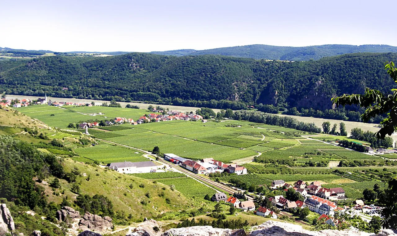 The Wachau valley and the Danube seen from Dürnstein Castle.