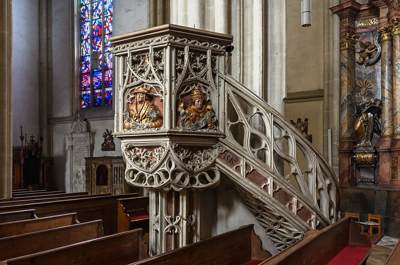 The Gothic pulpit of St Stephen's parish church in Eggenburg.
