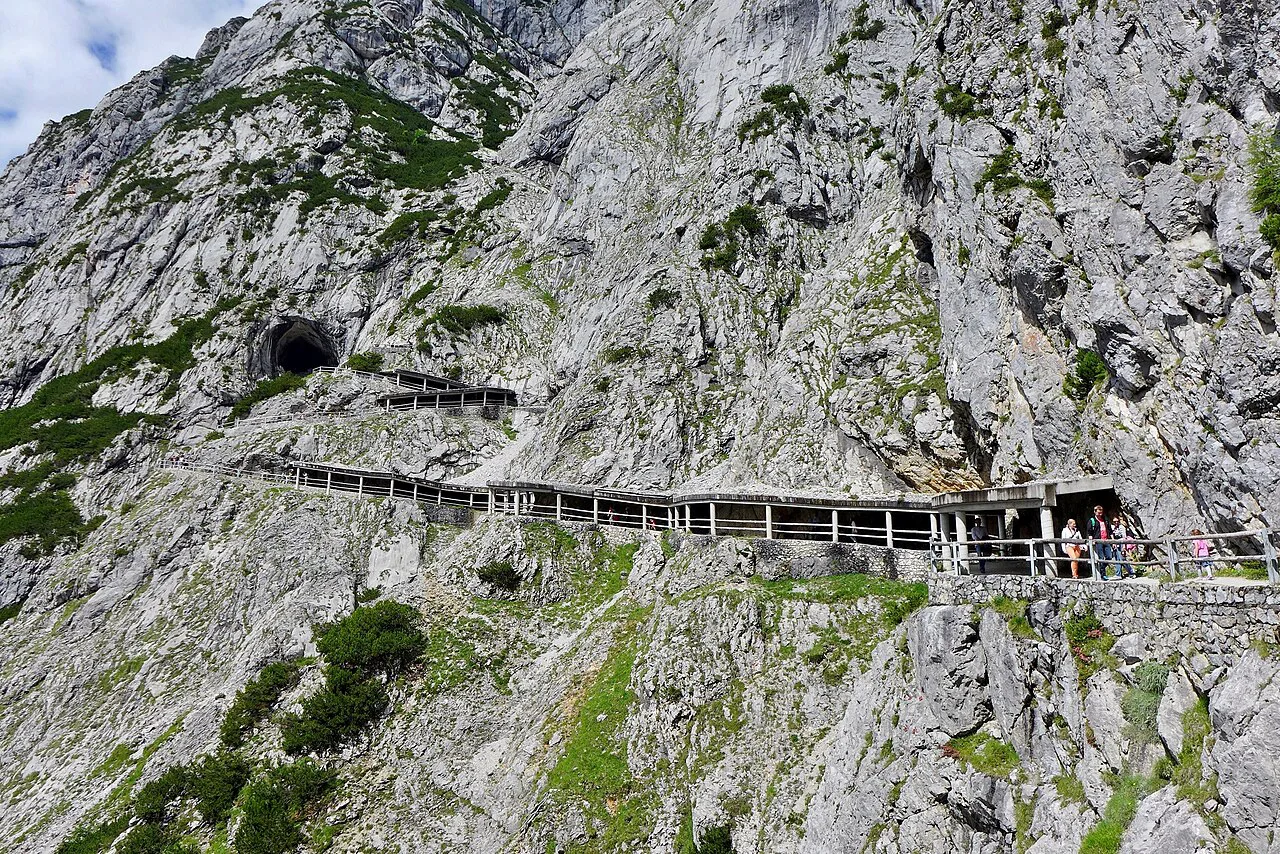 The trail climbing the rock face to the Eisriesenwelt entrance near Werfen.