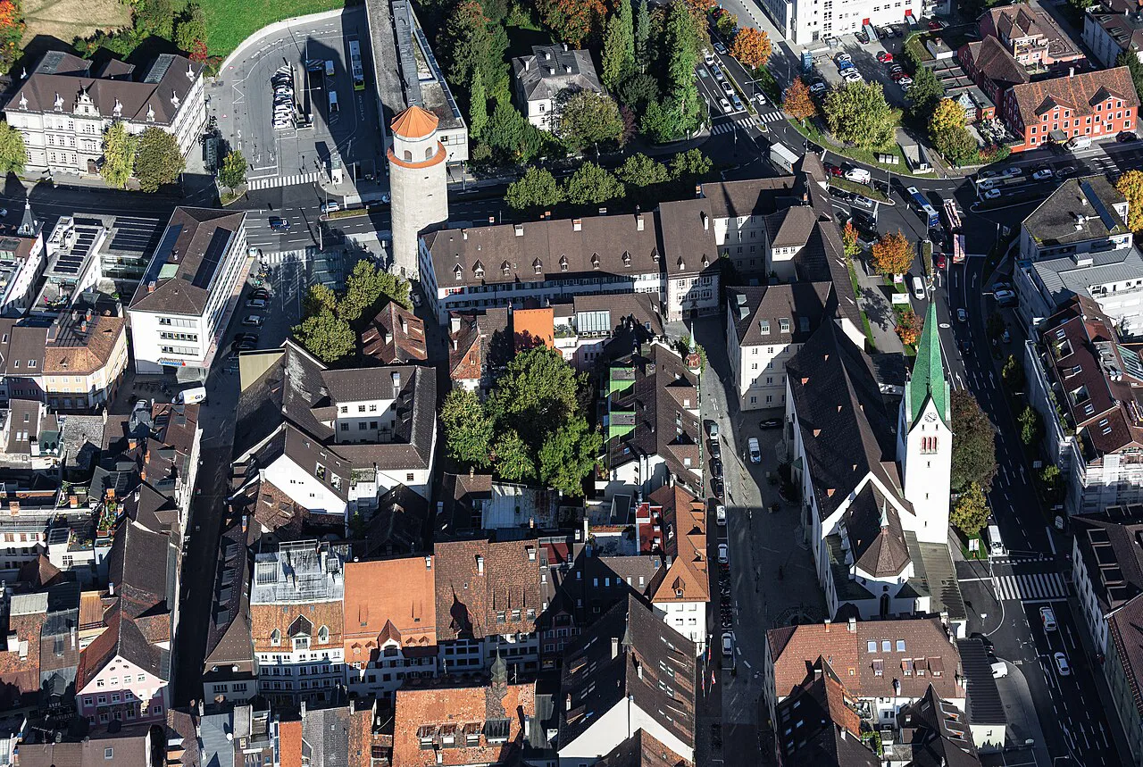Aerial view of Feldkirch old town with St Nicholas Cathedral and the Katzenturm.