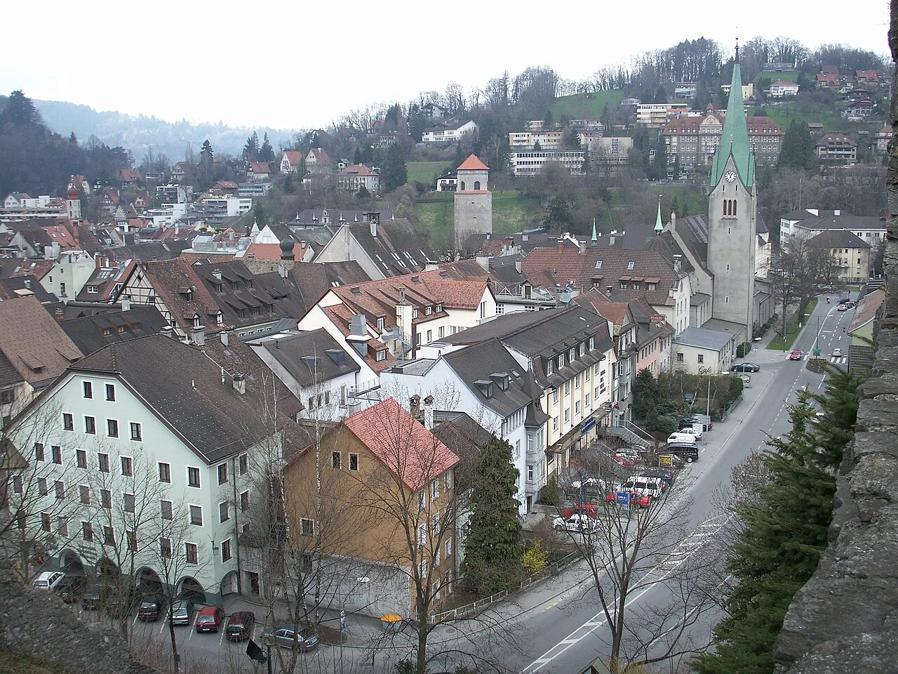 Feldkirch's old town with the spire of St. Nicholas Cathedral.