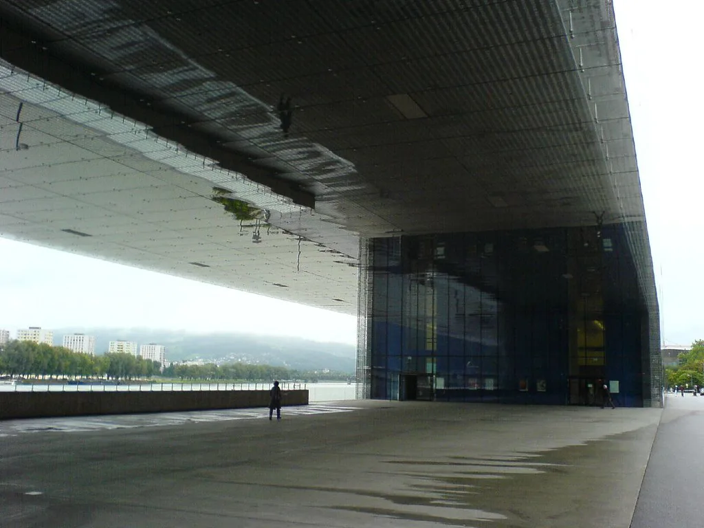 The open passage beneath the Lentos Art Museum, looking out across the Danube in Linz.