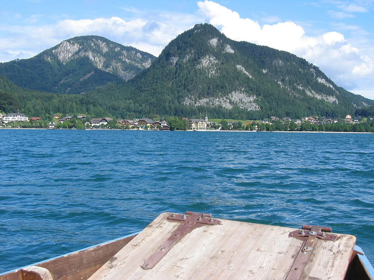 The Fuschlsee seen from a boat, with wooded mountains beyond.