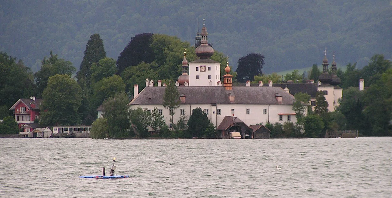 Seeschloss Ort on its island in the Traunsee near Gmunden, with Landschloss Ort behind.