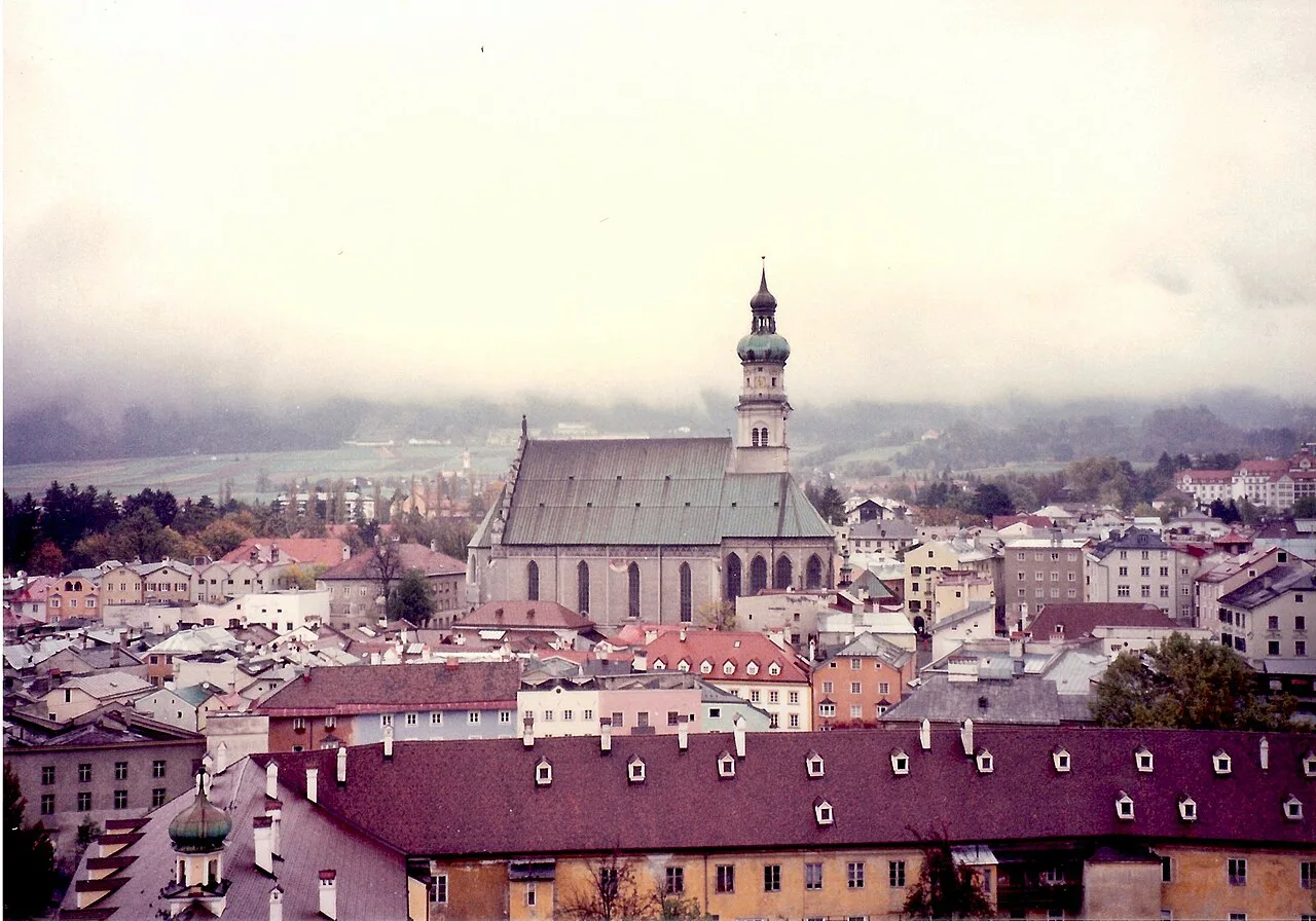 Hall in Tirol's rooftops and parish church seen from the castle tower in 1993.