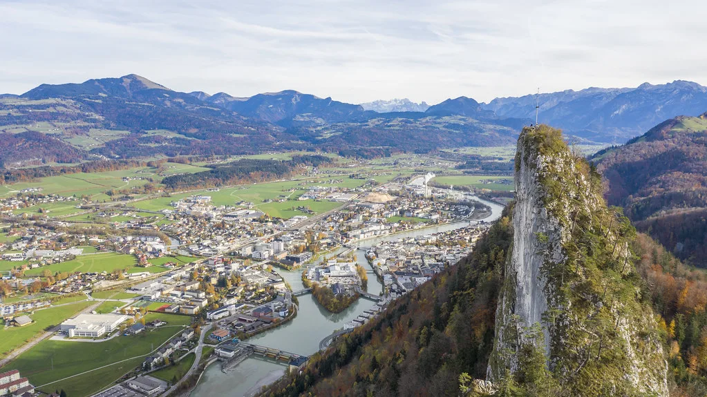 Aerial view of Hallein and the Salzach valley beside the Barmstein rock towers.