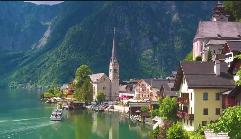 Hallstatt's lakeside houses and church spire above Lake Hallstatt.