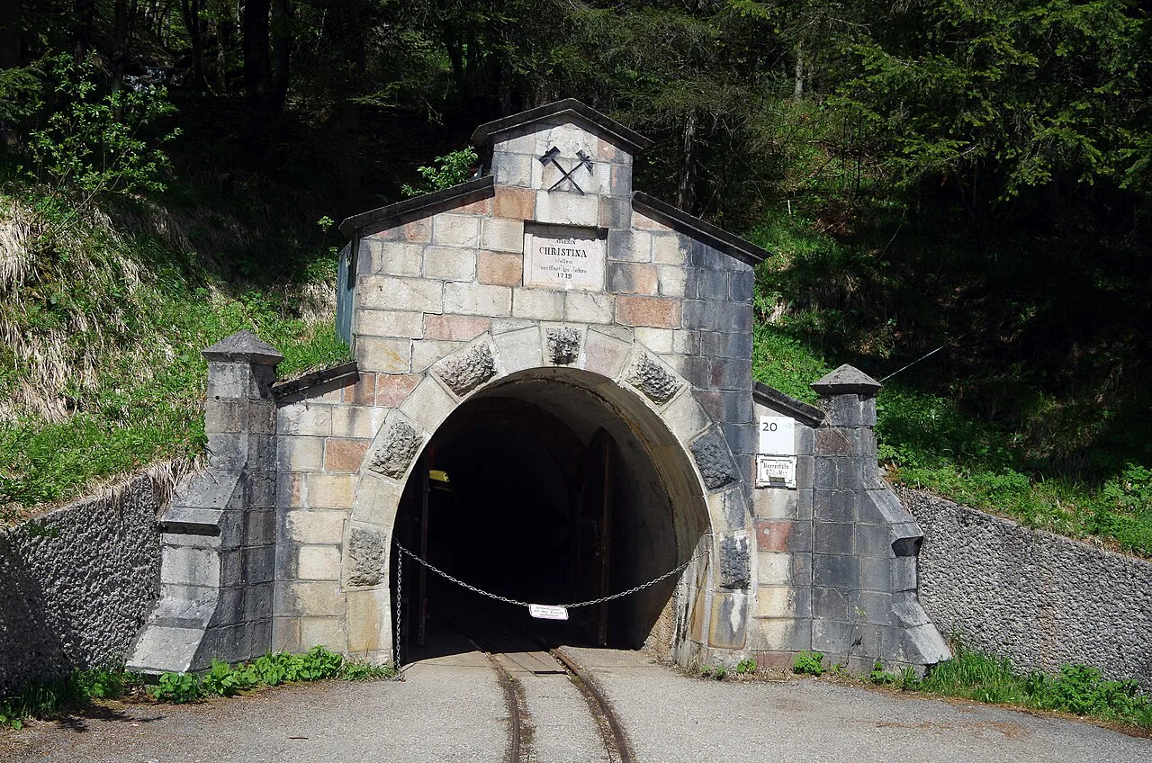 The stone portal of the Christina adit at the Hallstatt salt mine.
