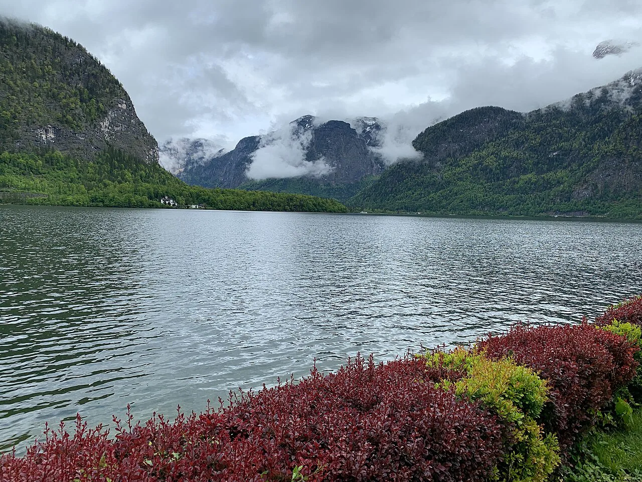 View of the Hallstätter See from the gardens of the Protestant church in Hallstatt.