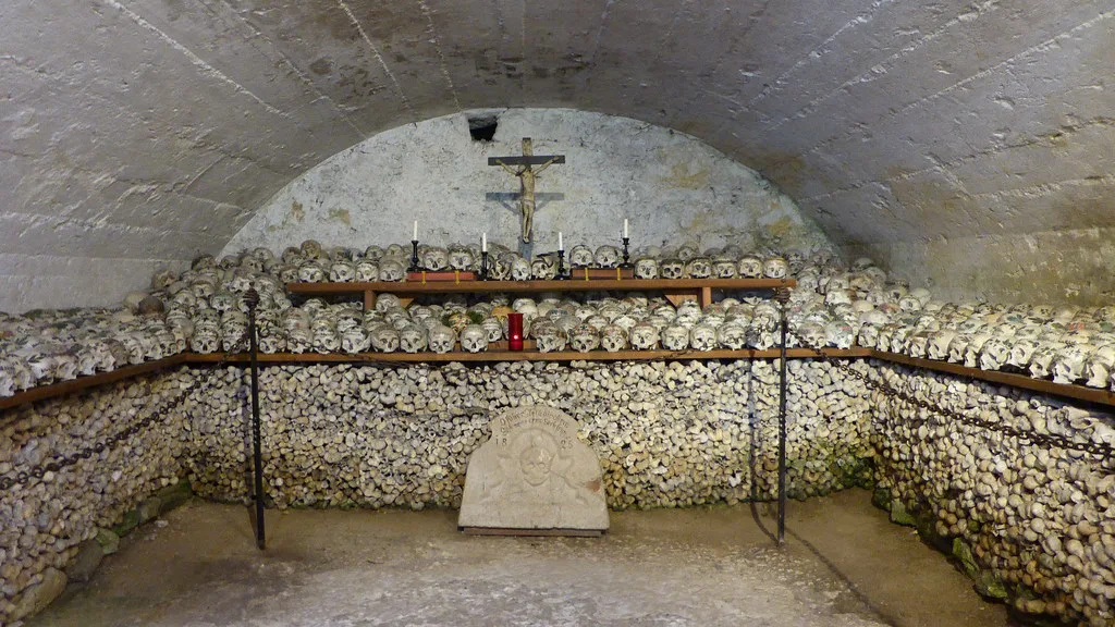 Rows of skulls inside the Hallstatt Charnel House in the village.