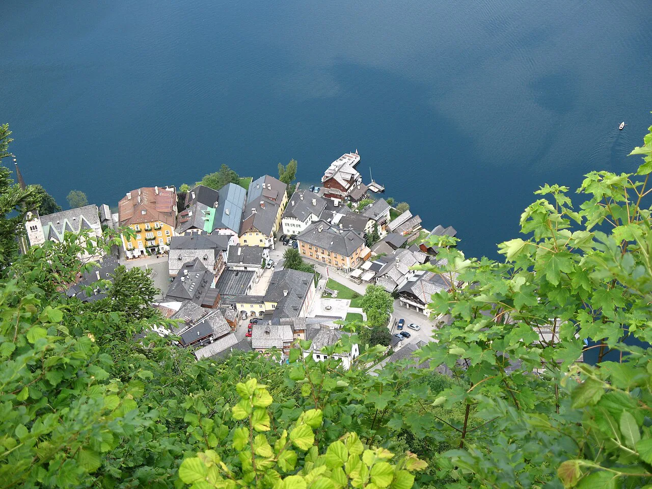 Hallstatt's rooftops and the Hallstätter See seen from high above the village.