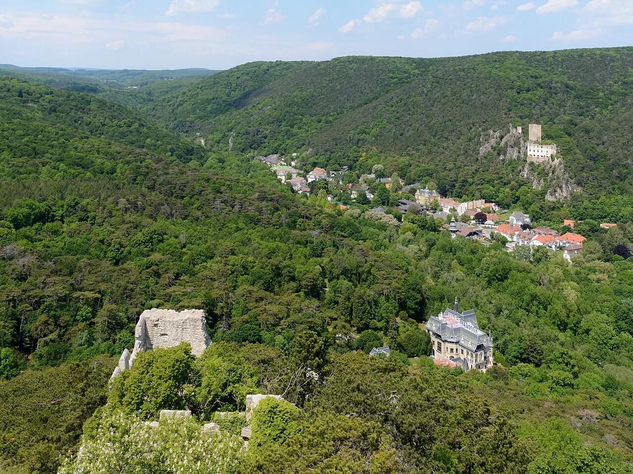The wooded Helenental near Baden bei Wien, seen from Rauheneck Castle.