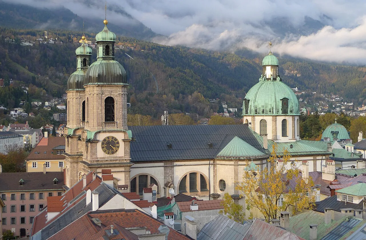 Innsbruck Cathedral of St. James, beside the Hofburg, seen from the City Tower.