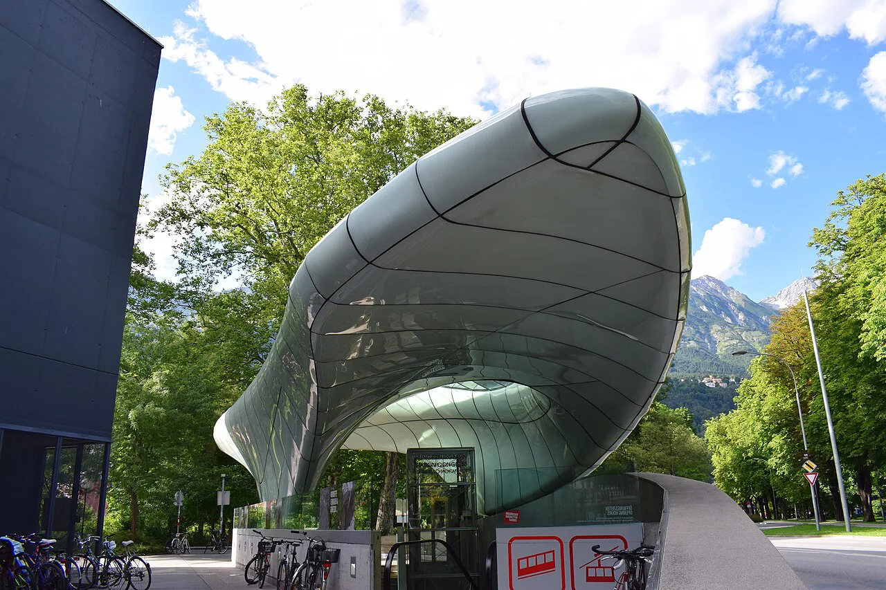 The curved glass roof of the Hungerburgbahn Congress station in Innsbruck.