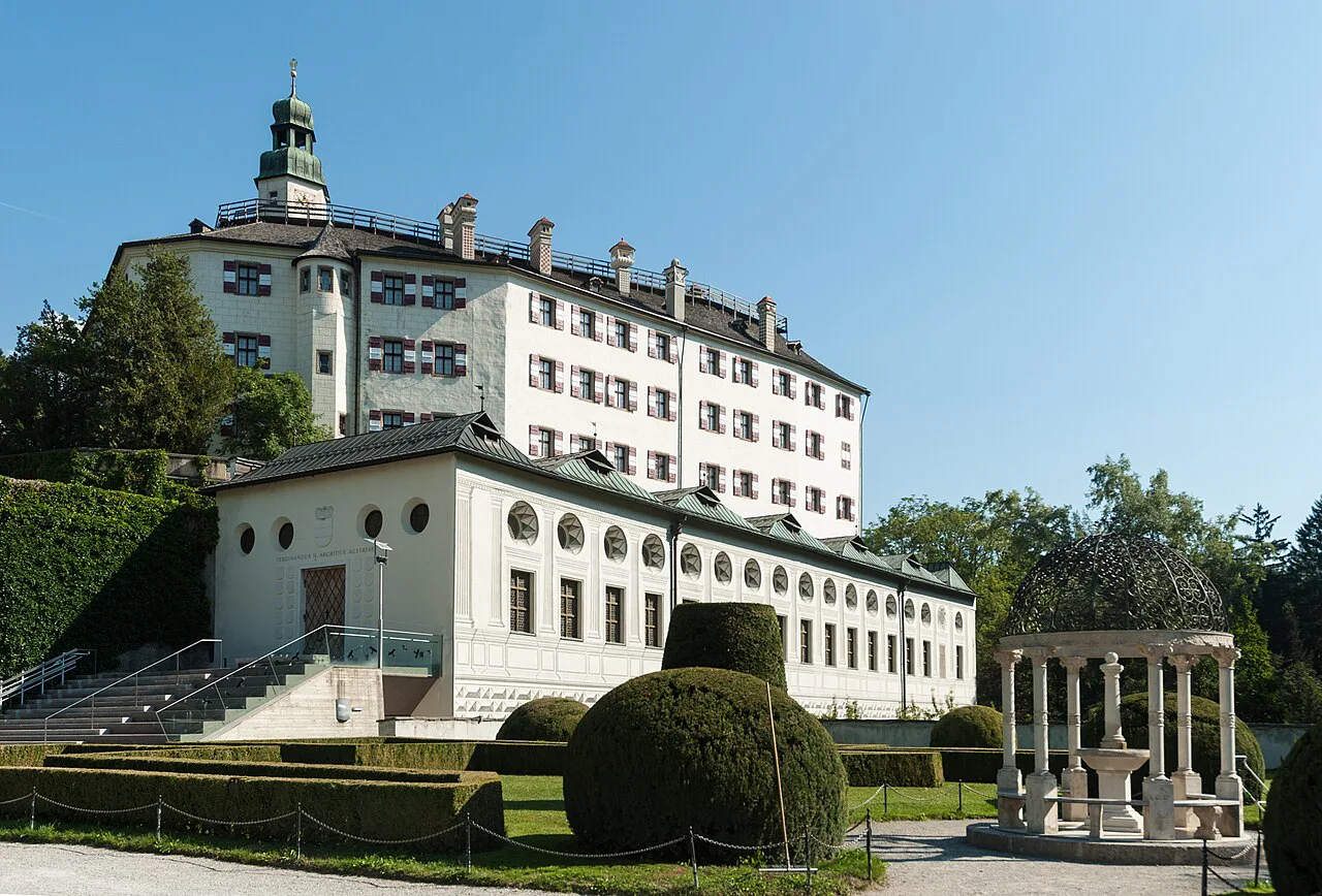 Schloss Ambras and its garden, southeast of central Innsbruck.