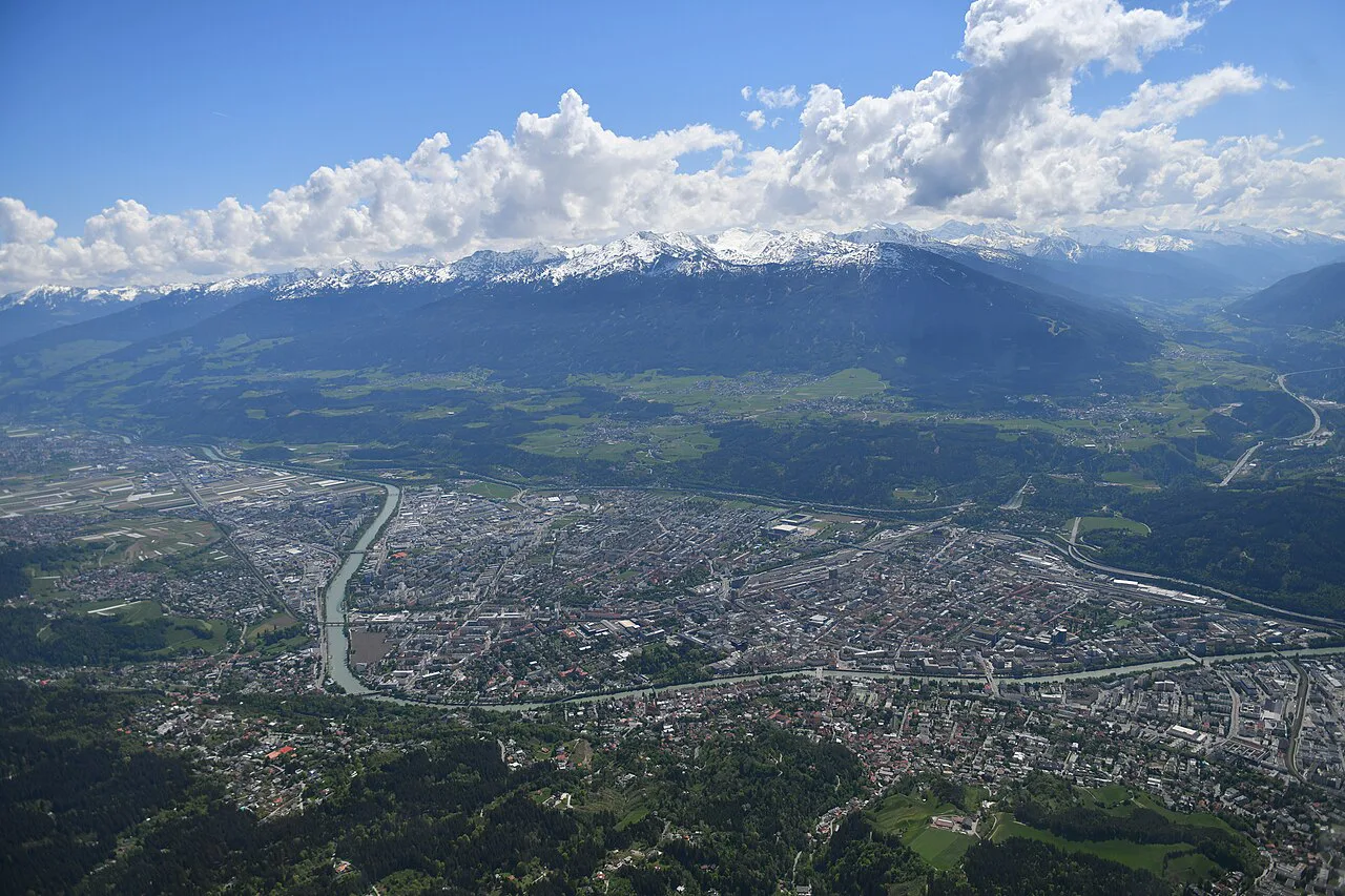 Aerial view of Innsbruck and the Inn valley from a helicopter flight.