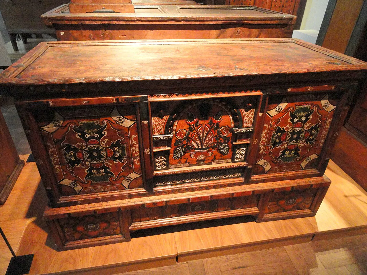A painted wooden chest in the Tyrolean Folk Art Museum, Innsbruck.