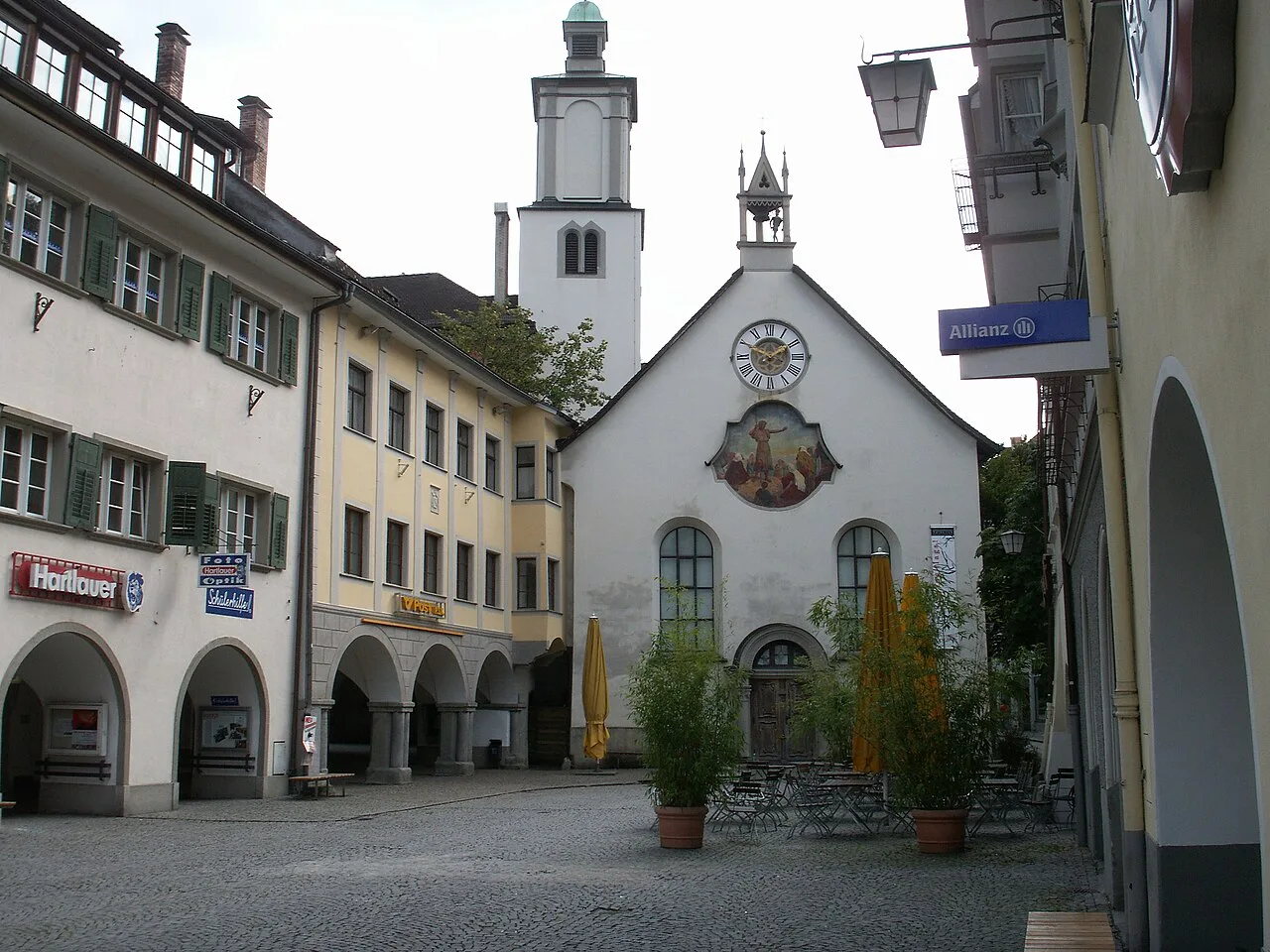 The Johanniterkirche on Feldkirch's Marktplatz, beside the arcaded houses.