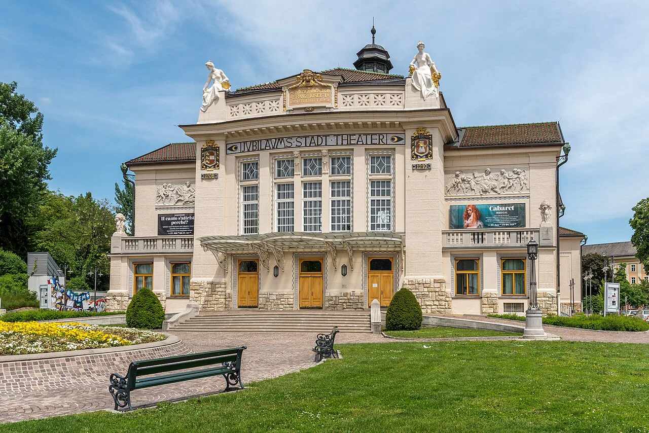 Klagenfurt's City Theatre on Theaterplatz, designed by Fellner and Helmer.