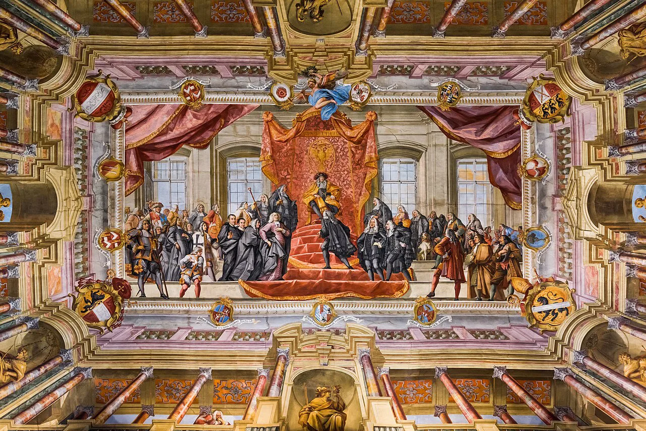 Josef Ferdinand Fromiller's ceiling fresco in the Hall of Arms of the Klagenfurt Landhaus.