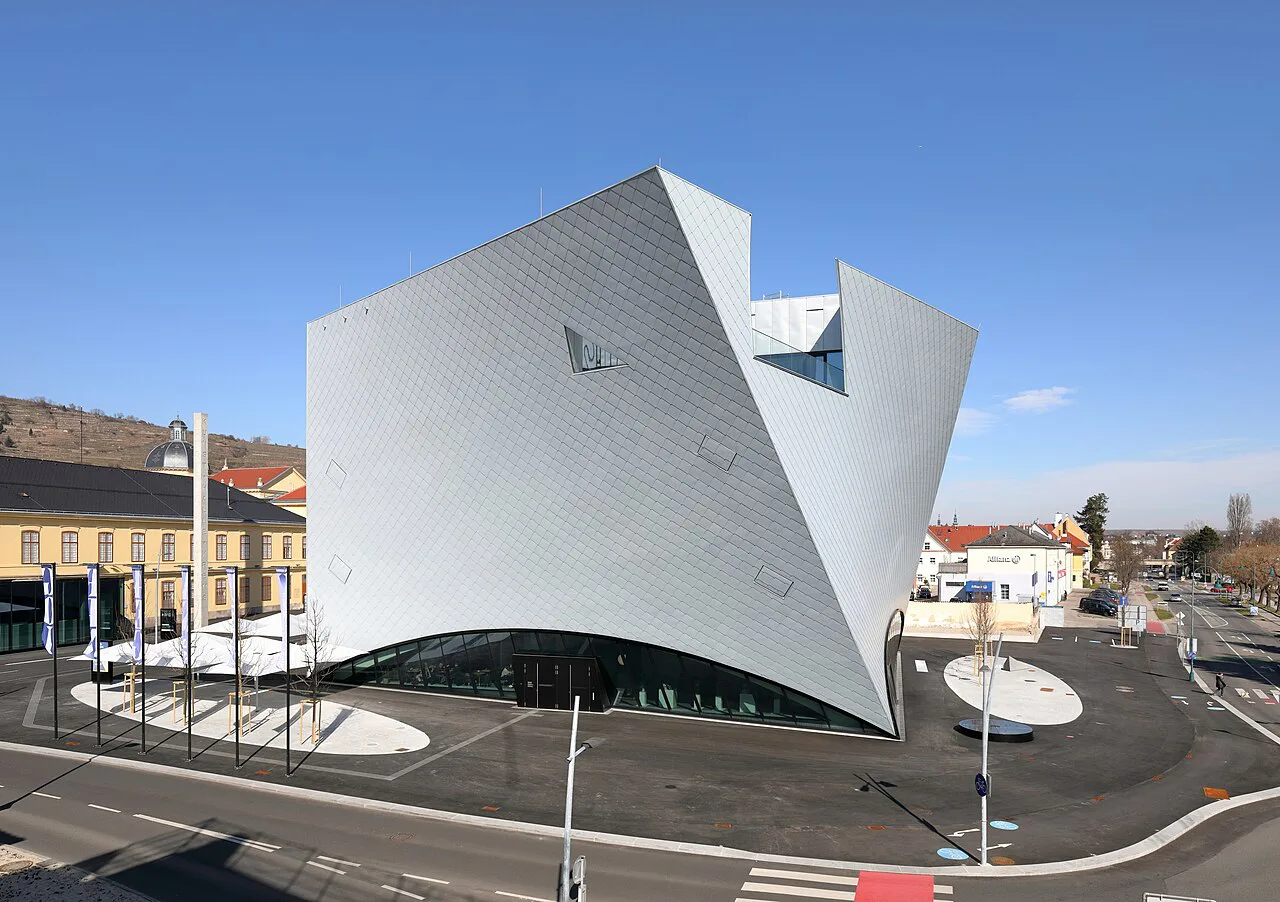 The angular Landesgalerie Niederösterreich building in Krems an der Donau.