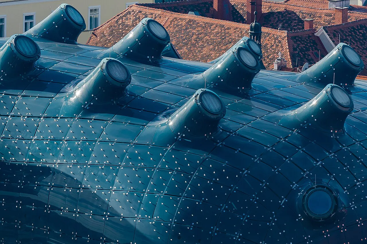 The nozzle-like skylights on the roof of the Kunsthaus Graz.
