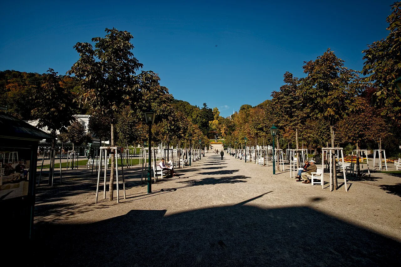 A tree-lined promenade in the Kurpark in Baden bei Wien.